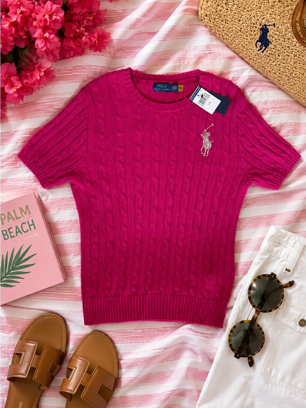 Ralph Lauren Bright Pink Cable Knit Sweater with Embroidered Beaded Pony